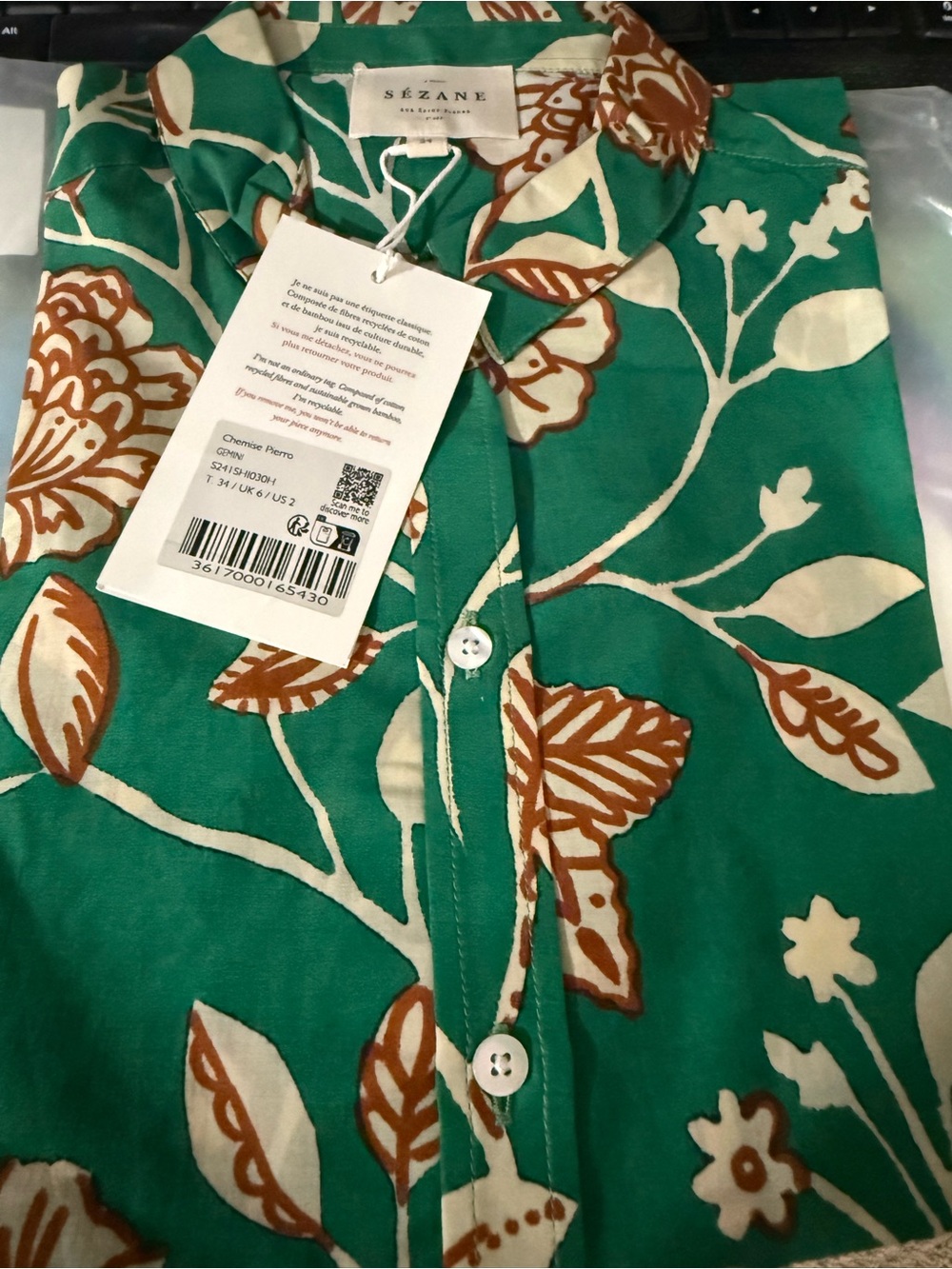 Sezane chemise piero (gemini) NWT Green Floral Button-Front Blouse